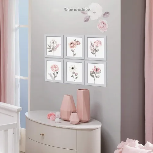 Vista 3 de Lambs & Ivy Acuarela Floral Sin Marco Vivero Niño Arte De Pared 6pc - Rosa/Gris
