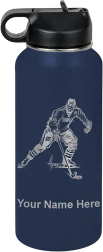 Vista 69 de LaserGram Botella de agua personalizada, jugador de hockey, acero inoxidable de doble pared aislada al vacío con popote superior, regalo grabado