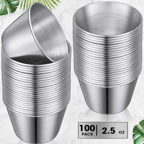 Vista 3 de Potchen 100 tazas de metal de 2.5 onzas para salsa, tazas de condimentos de acero inoxidable a granel, tazones de inmersión redondos, recipientes