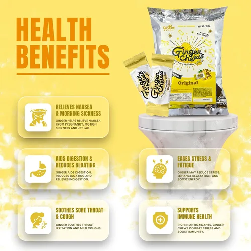 Vista 3 de Fusion Select Ginger Chews - Delicias dulces y confitadas suaves de Indonesia - Promueven el alivio de las náuseas matutinas, malestar estomacal