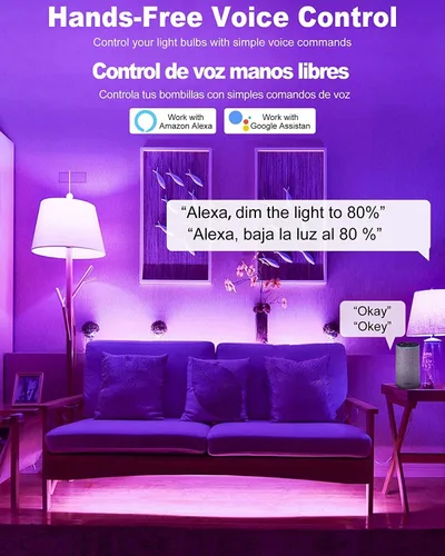 Vista 2 de OHLUX Bombillas inteligentes, bombillas LED que cambian de color para Alexa y Google Assistant, WiFi de 2.4 GHz y Bluetooth con sincronización