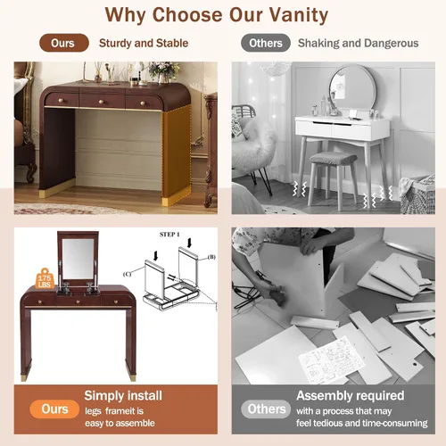 Vista 5 de JIJIWANG 3-in-1 Dressing Table with Flip Mirror,Classic Wood Vanity Desk with 2 Drawers and Storage Space for Bedroom,Espresso