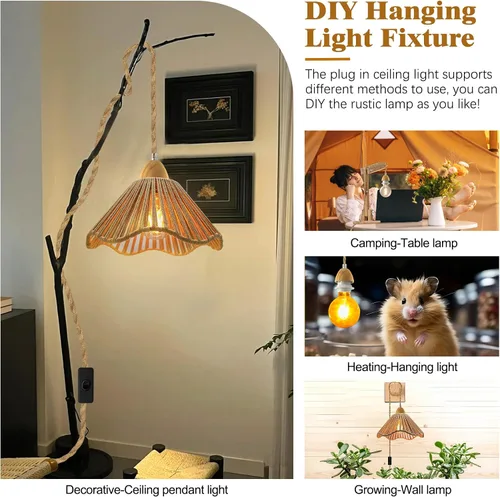 Vista 6 de Luces colgantes rústicas de granja con cable enchufable, cable de cuerda de cáñamo trenzada de 16.7 pies, pantalla tejida de cáñamo de 23x10 cm