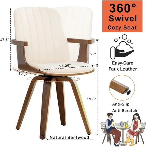 Vista 2 de WUPOTO Juego de 1 silla de comedor giratoria, silla de comedor moderna de mediados de siglo con artesanía de nogal, piel sintética tapizada, brazos
