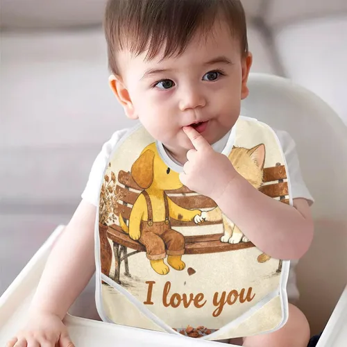 Vista 5 de Adjustable Feeding Bibs with Snap 2 Pack Burping TeethingI Love You Dog Cat Retro Brown baberos para nino paquete