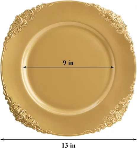 Vista 2 de Okllen Paquete de 12 Platos Base Dorados, Platos Base Redondos para Cena de 13" con Borde en Relieve para Catering, Boda, Decoración de Mesa