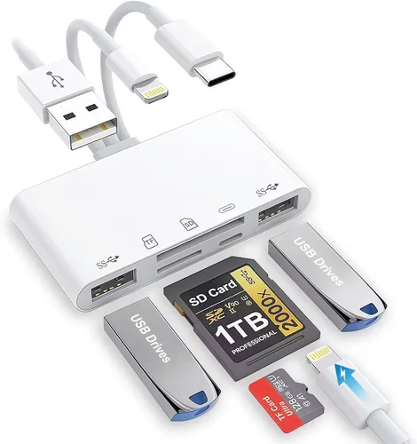 Vista 10 de Lector de tarjetas SD para iPhone iPad, adaptador de tarjeta SD/Micro SD 2 en 1, conector dual (Lightning y USB-C) para tarjetas de memoria SD y TF
