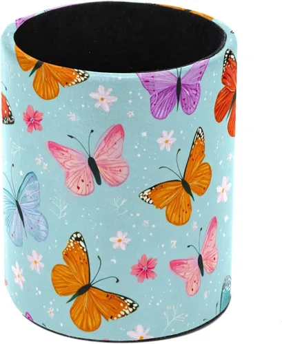 Vista 18 de Taza de PVC para escritorio, taza de lápiz rosa con mariposas para organizador de bolígrafos de escritorio, soporte para brochas de maquillaje