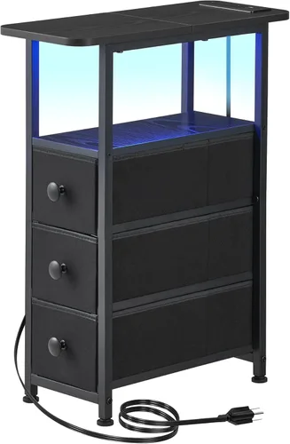 Vista 10 de DALEMHOME Mesa auxiliar estrecha con estación de carga, mesa auxiliar estrecha con cajón, mesita de noche pequeña con luz LED, mesita de noche Negro