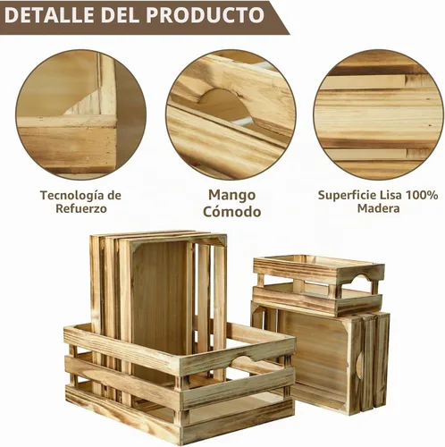 Vista 3 de Cajas grandes decorativas de almacenamiento de madera chamuscada, conjunto de 4 cajas de madera anidadas para exhibición rústica, cajas de Marrón