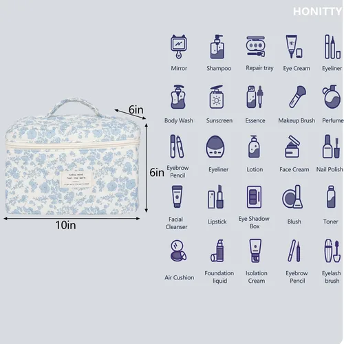 Vista 2 de honitty Bolsa de maquillaje, bolsas de cosméticos acolchadas, bolsas de maquillaje florales grandes para mujeres, organizador de maquillaje, bolsa