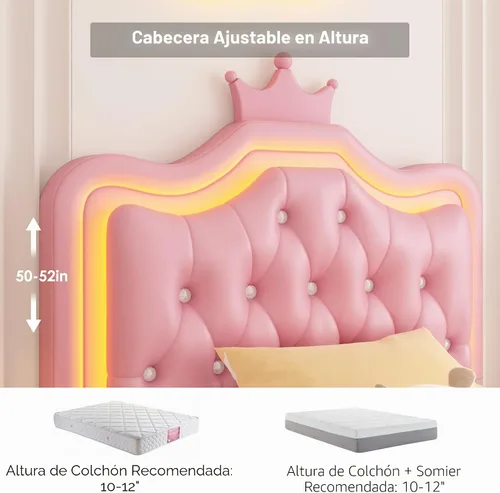 Vista 6 de Marco de Cama LED Tapizada Tamaño Twin con Cajón de Almacenamiento, Cama de Plataforma de Princesa de Cuero con Cabecera de Corona con Botones