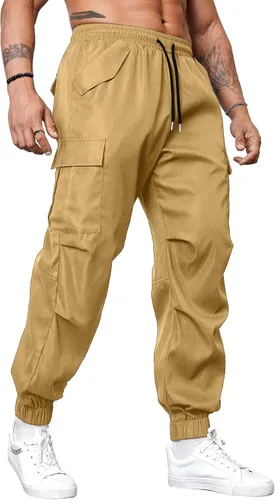 Vista 3 de Lexiart Pantalones cargo de senderismo a la moda para hombre, pantalones deportivos con cordón, pantalones deportivos casuales cónicos