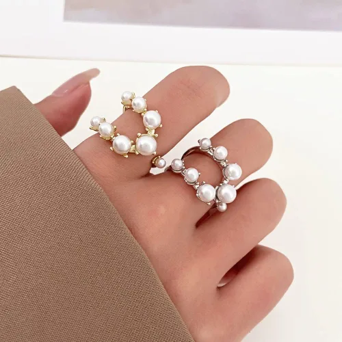 Vista 8 de Anillos de perlas vintage Anillos de perlas ajustables abiertos de dedo completo para mujer
