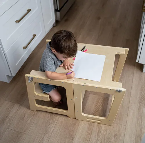Vista 8 de Avenlur Date 4 en 1 Montessori - Taburete plegable de aprendizaje, escritorio, silla y pizarra Madera maciza, extra estable, rieles de seguridad