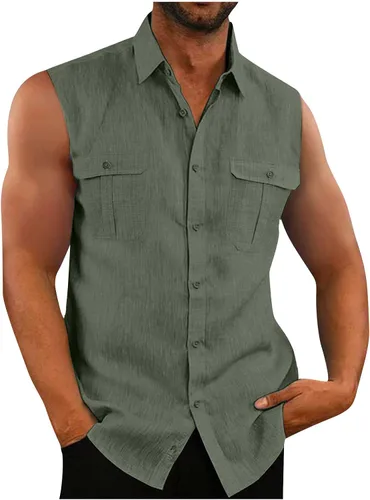 Vista 2 de WENKOMG1 Camiseta sin mangas de lino para hombre, camiseta casual con botones, ajuste regular
