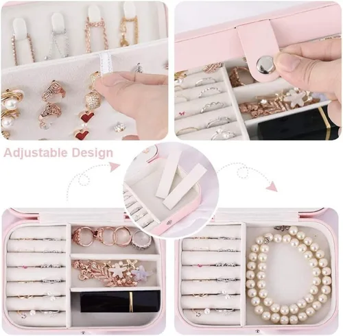 Vista 4 de Yonzone Joyero pequeño organizador de joyas de viaje, mini estuche de almacenamiento de joyas para mujeres y niñas, regalo de piel sintética, cajas