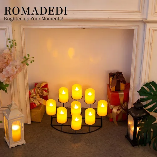 Vista 3 de Romadedi Portavelas para chimenea, 9 candelabros, para velas de pilar, soporte de vela negro, mesa de hierro, centro de mesa, manto, decoración