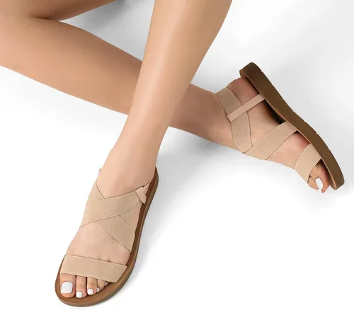 Vista 4 de DREAM PAIRS - Sandalias planas de verano con correa elástica al tobillo para mujer