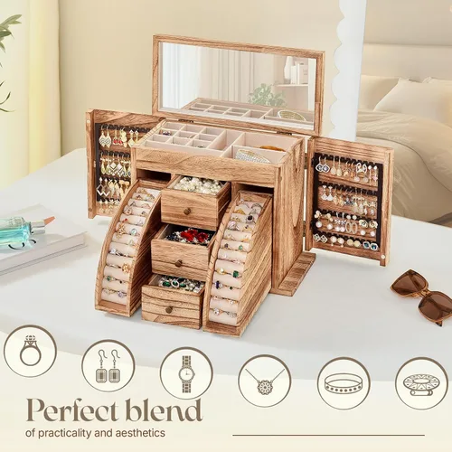 Vista 6 de Joyero organizador, cajas de joyería de madera maciza para mujeres con espejo, caja organizadora de joyas grande para exhibir aretes, collar