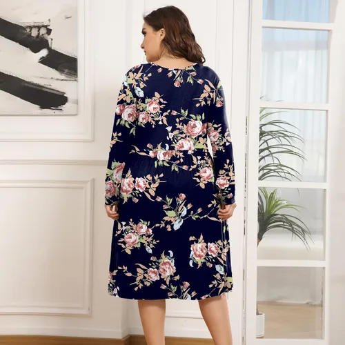 Vista 3 de POSESHE Vestidos de talla grande para mujer, manga larga, cuello redondo, vestidos casuales de cintura imperio, vestido suelto con bolsillos