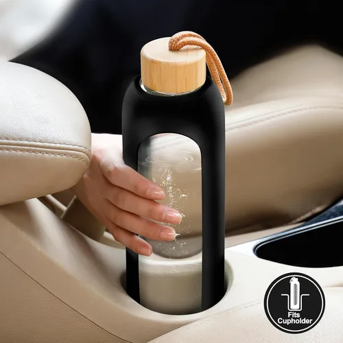 Vista 7 de Botellas de agua de vidrio de 32 onzas, botella de agua motivacional de vidrio con funda de silicona, popote y 2 tapas de bambú, vaso de admisión 1