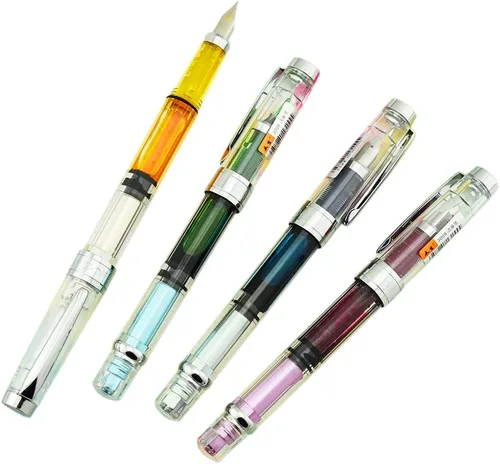 Vista 11 de Lanxivi 4 x Yongsheng 3008 Pluma estilográfica con plumín fino mejorado, ribete plateado, llenado por pistón, transparente