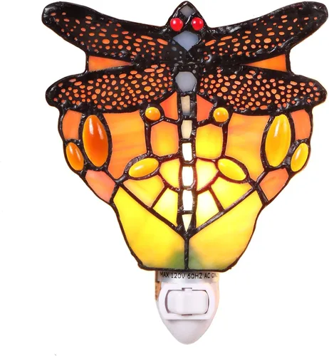 Vista 8 de Bieye L10931 - Lámpara de pared estilo Tiffany con vitral de libélula y enchufe para luz nocturna para decoración del hogar (Azul)