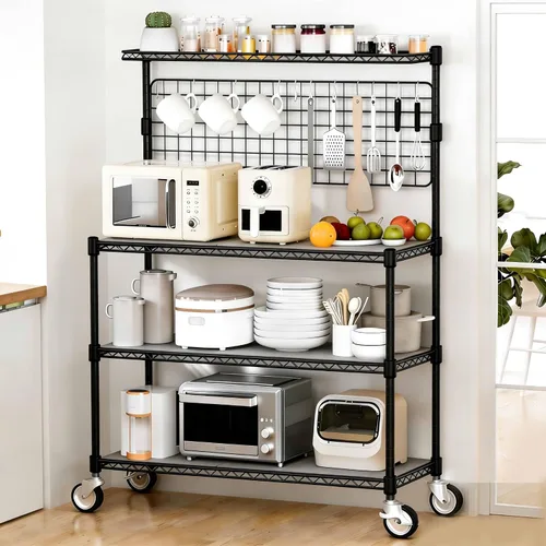 Vista 10 de Leteuke Estante para panaderos con toma de corriente y almacenamiento, soporte para microondas de 36 pulgadas, carrito de cocina de metal de 4 Negro