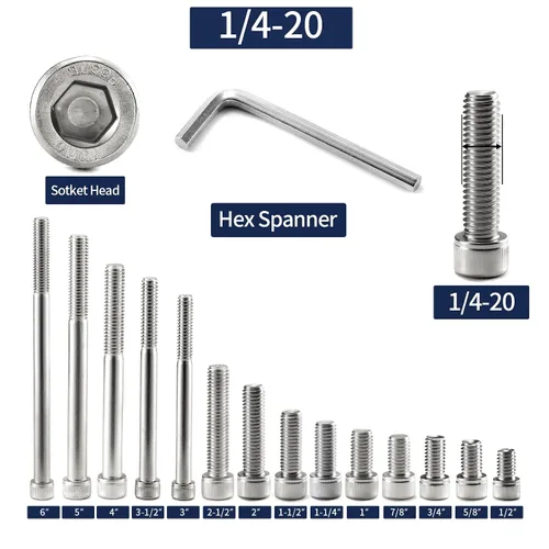Vista 3 de Tornillos de cabeza cilíndrica con hexágono interior de 1/4-20 x 3/4", 20 piezas de acero inoxidable 304 18-8, hexágono interior Allen, rosca