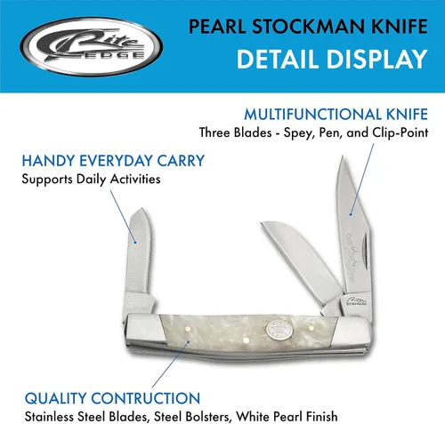 Vista 2 de Rite Edge Cuchillo de Bolsillo Stockman de 4" – Cuchillo Plegable de 3 Hojas con Cuchillas de Acero Inoxidable y Mango de Perla Blanca – Cuchillos