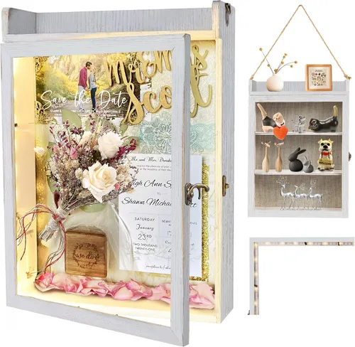Vista 8 de Marco de caja de sombra de 11 x 16 con luz, vitrina conmemorativa con estantes, cajón y ranura para recuerdos, caja grande de sombra profunda