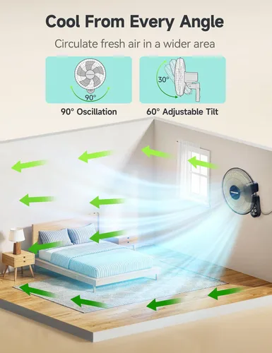 Vista 2 de VAGKRI Ventilador de montaje en pared de 16 pulgadas, ventilador oscilante silencioso con control remoto, 5 velocidades, temporizador de 8 horas