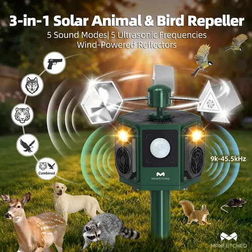 Vista 2 de Repelente ultrasónico de animales para exteriores, alimentado por energía solar, sensor de movimiento, ardillas, gatos, ciervos, pájaros