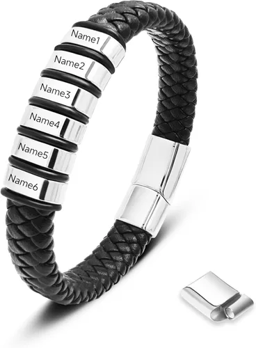 Vista 29 de Pulsera personalizada para hombre con cuentas de nombre personalizadas, pulsera de cuero trenzado personalizada grabada con 2-6 nombres