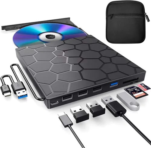 Vista 13 de BPAKDU - Unidad externa de CD/DVD para laptop, grabadora de CD ultra delgada, concentrador USB 3.0 con 4 puertos USB, 2 ranuras para tarjetas TF/SD