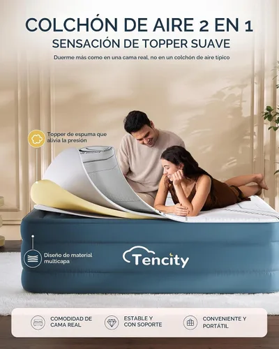 Vista 3 de Tencity - Cama de aire de inflado rápido, silenciosa y cómoda para invitados en el hogar, campamento, viajes, colchón de aire de lujo con cubierta