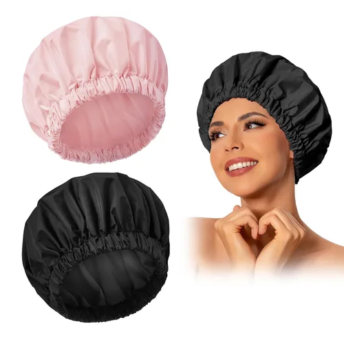 Vista 42 de Gorro de ducha reutilizable para mujer, grande, impermeable, lavable, banda elástica, accesorios de baño, sombrero para cabello largo, trenzas Beige