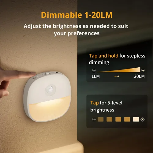 Vista 4 de Lyridz Luz nocturna recargable, luz nocturna con batería con sensor de movimiento, mini luz LED adhesiva, brillo regulable de 1-20 lm para baño