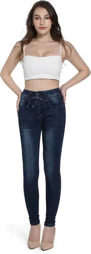 Vista 3 de CJH DREAM Pantalones de mezclilla de algodón con cordón elástico y cordón elástico para mujer, de cintura alta, a la moda, Jeans para mujer