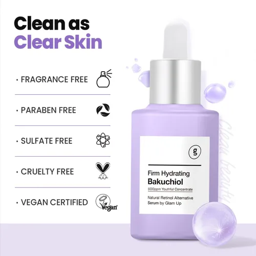 Vista 6 de Glam Up Suero Bakuchiol y ácido hialurónico – Suero alternativo al retinol antienvejecimiento, líneas finas difuminadas, antiarrugas, encogimiento