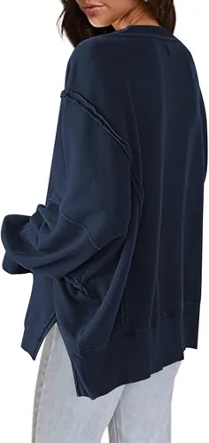 Vista 3 de SHEWIN Sudaderas para mujer, cuello redondo, ligeras, de color liso, a la moda, cálidas, de gran tamaño, para otoño, otoño