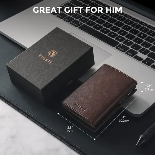 Vista 7 de VULKIT Cartera con tarjetero para hombre, con cierre magnético, bloqueo RFID, billetera de cuero triple, Espresso, Moderno