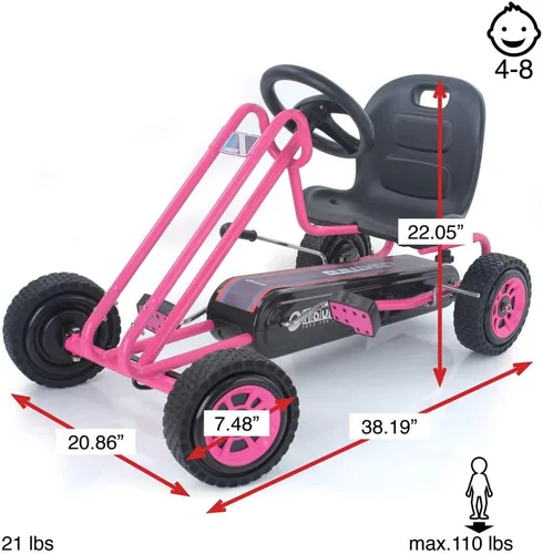 Vista 3 de Hauck Lightning Go Kart con pedal para niños de 4 a 8 años, asiento de cubo ajustable, ruedas de plástico con perfil de goma, freno de mano para Rosa