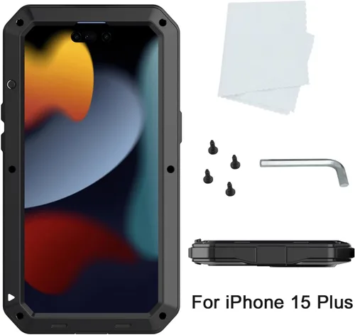 Vista 8 de Funda compatible con iPhone 15 Plus, funda protectora de cuerpo completo 360, resistente, a prueba de golpes, funda de metal de aleación de aluminio
