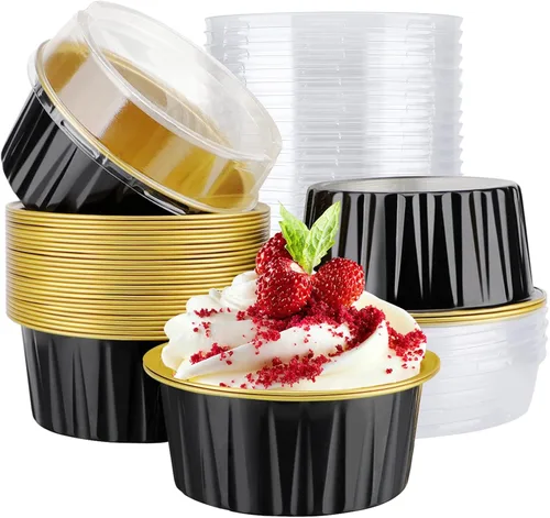 Vista 15 de EUSOAR Moldes desechables de papel de aluminio con tapas, 30 piezas de 5 onzas (4.2 fl oz) de papel de aluminio para magdalenas, tazas para hornear
