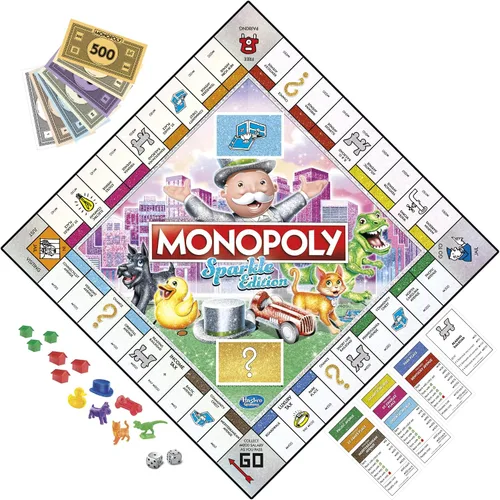 Vista 2 de Hasbro Gaming Monopoly Sparkle Edition Juego de mesa, juegos familiares, con fichas brillantes, dados nacarados, aspecto brillante