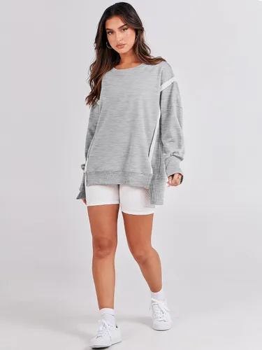 Vista 6 de ANRABESS Sudadera de gran tamaño para mujer, cuello redondo, manga larga, casual, con abertura, sin botones, ropa de otoño