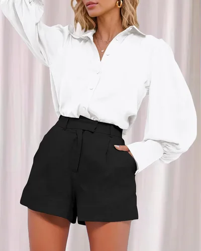 Vista 6 de BTFBM Camisas de satén con botones para mujer, para verano, otoño, manga larga, solapa, cuello en V, blusa suelta casual para oficina y trabajo