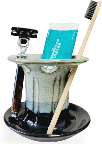 Vista 10 de Soporte para cepillos de dientes de cerámica fácil de limpiar para baños de niños y familias grandes, organizador de encimera estilo rústico (negro)